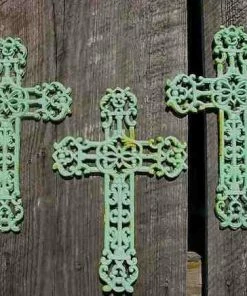 The Birdhouse Chick Cast Iron Crosses Set Of 3-Antique And Verde Finish