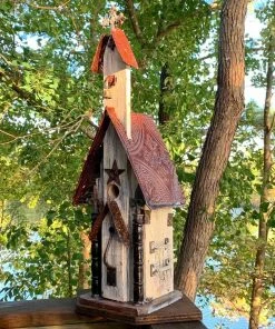 The Birdhouse Chick Tall Church Birdhouse- White Church Birdhouses, Vintage-Rustic