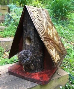 The Birdhouse Chick Log Front & Tin Barn Wood Birdhouse-Red